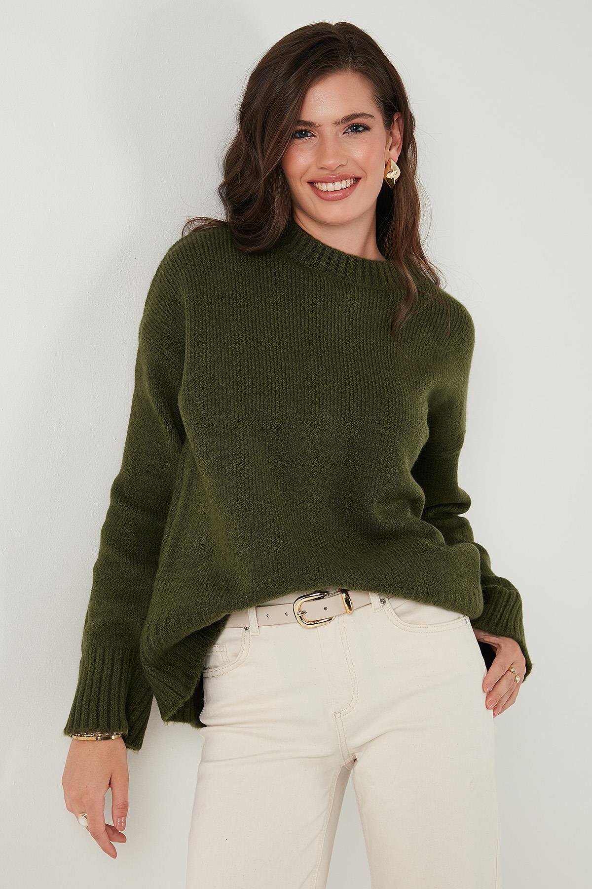 Antrasit Bisiklet Yaka Oversize Triko Kazak - Haki