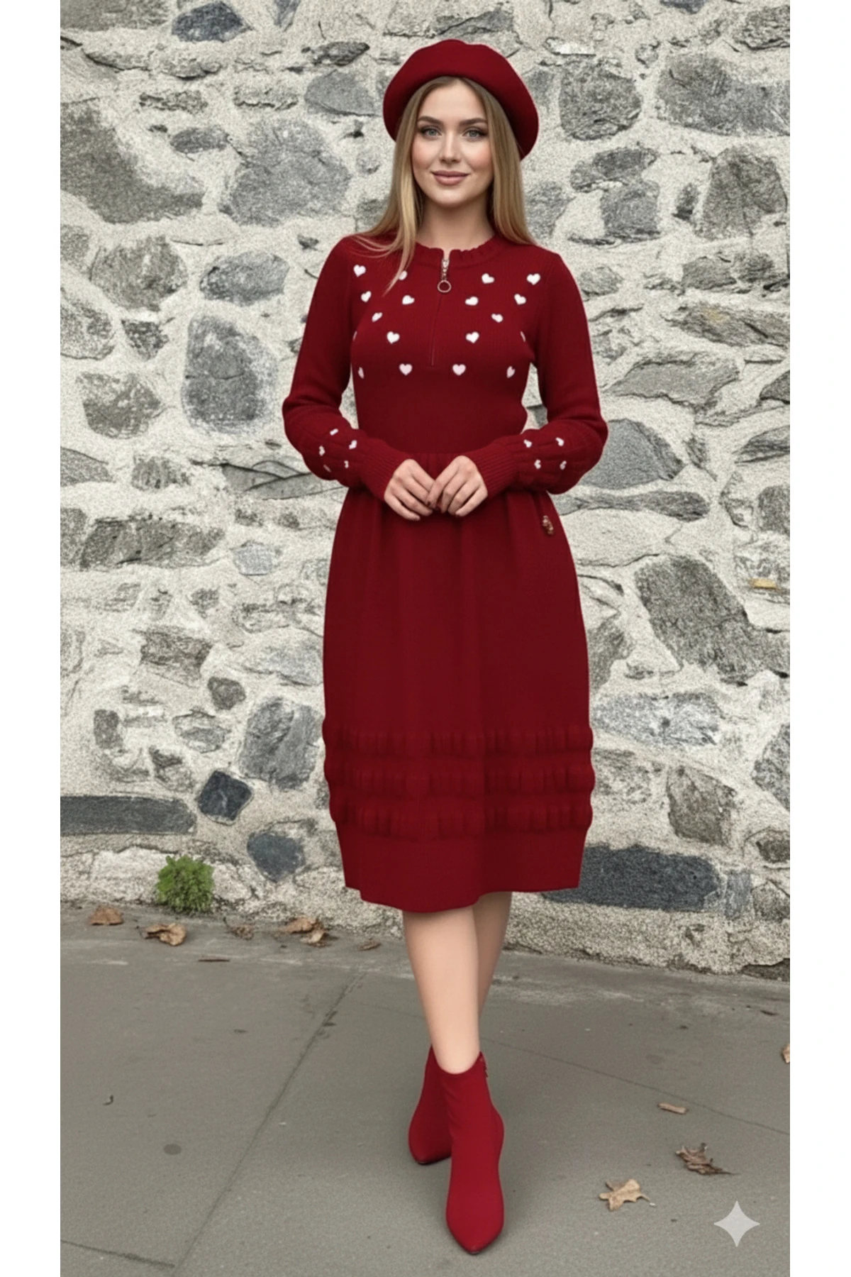 Kalp Nakışlı Şık Triko Elbise - Bordo