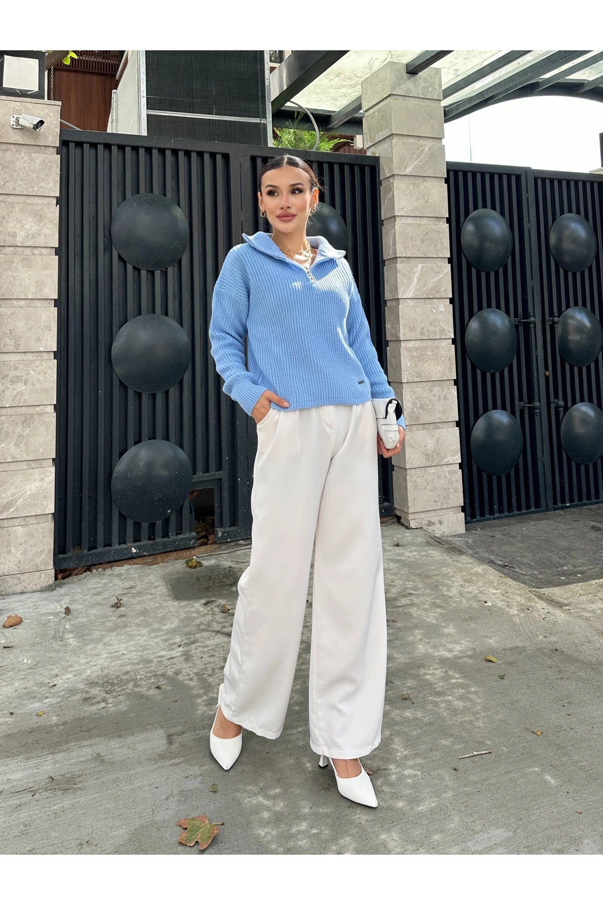 Fermuarlı Triko Kazak - Mavi