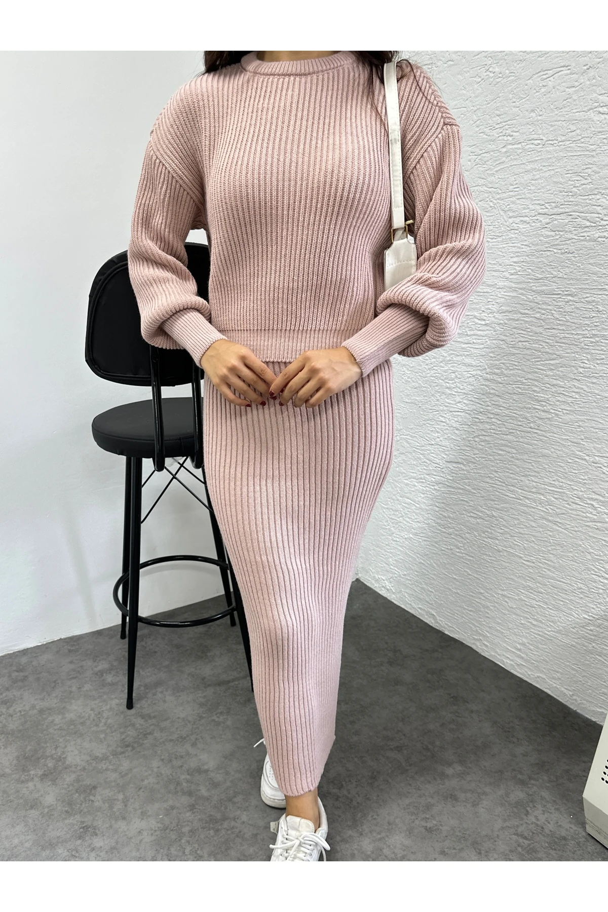 Selanik Örgü İkili Takım - Pudra