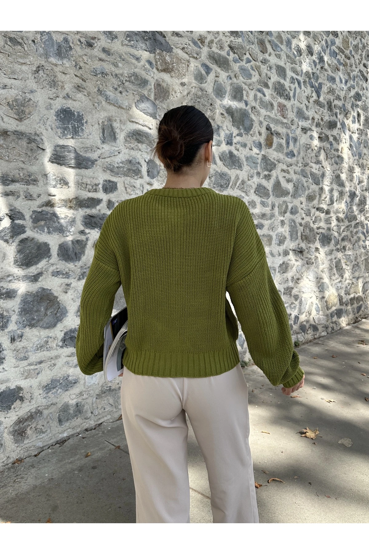 Kadın Fermuarlı Triko Hırka - yosun yeşili