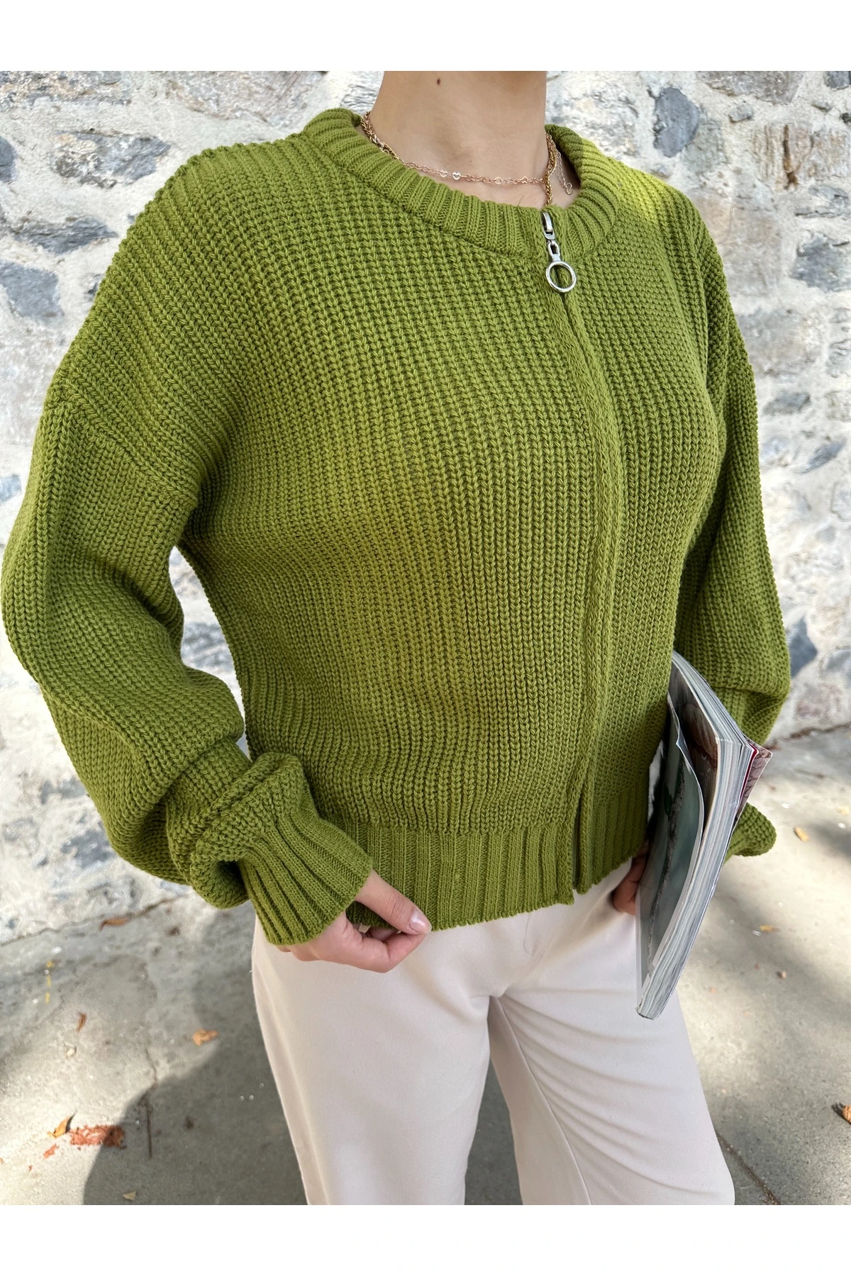 Kadın Fermuarlı Triko Hırka - yosun yeşili