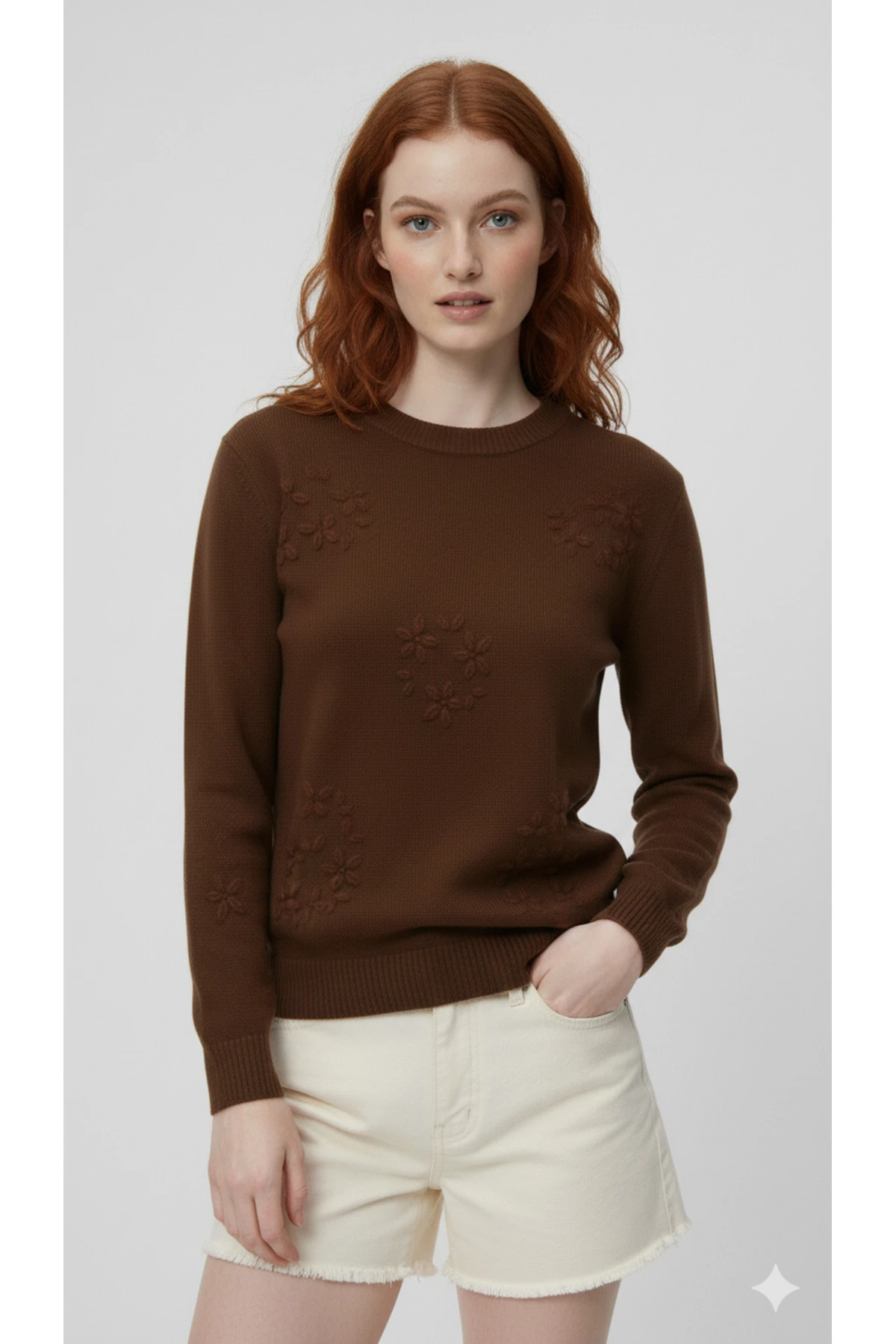 El İşi Çiçek İşlemeli Kadın Triko Kazak - Kahverengi