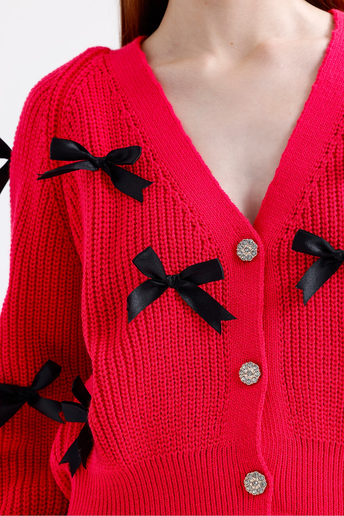 Fiyonklu Triko Hırka - Fuşya