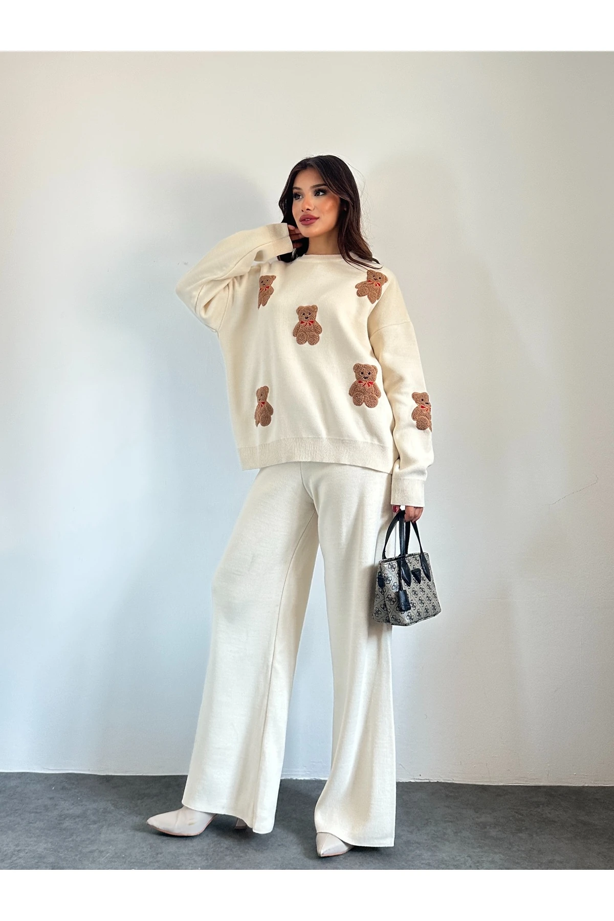Ayıcıklı Triko Takım - Krem