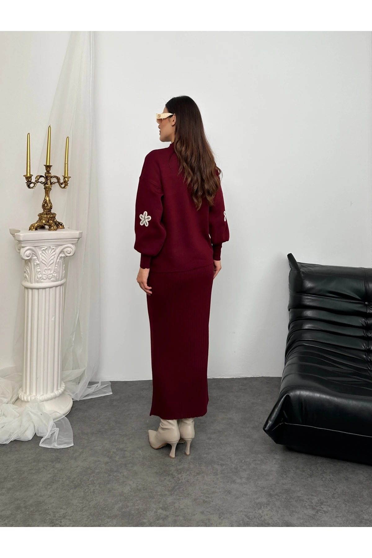 Papatya Desen Triko Takım - Bordo