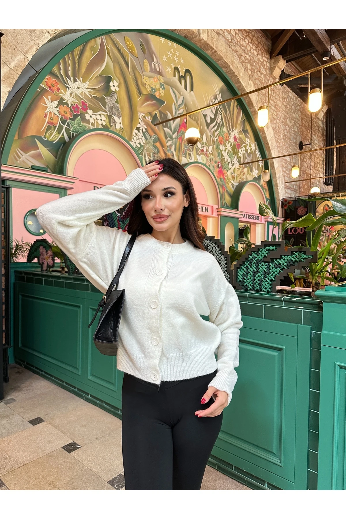 Basic Düğmeli Antrasit Triko Hırka - Beyaz