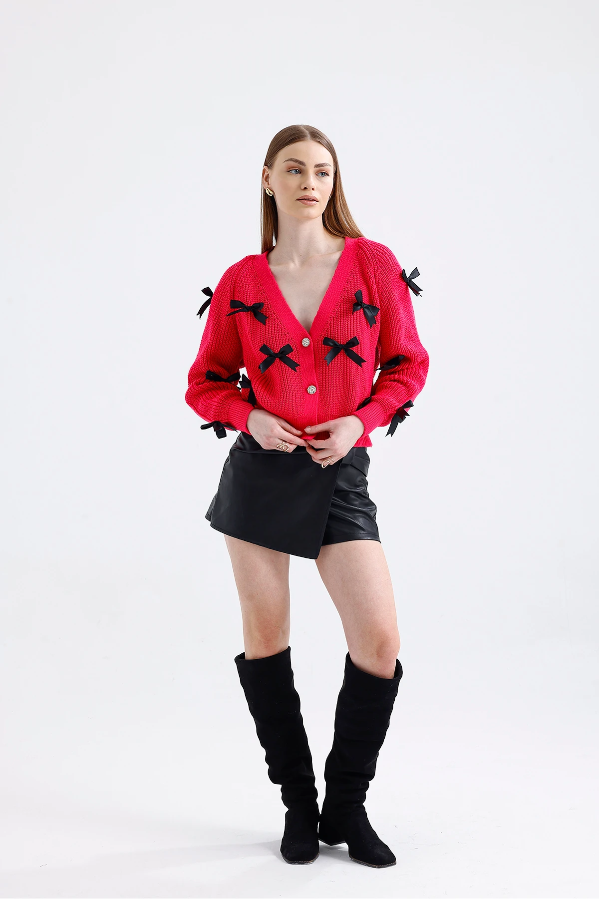 Fiyonklu Triko Hırka - Fuşya