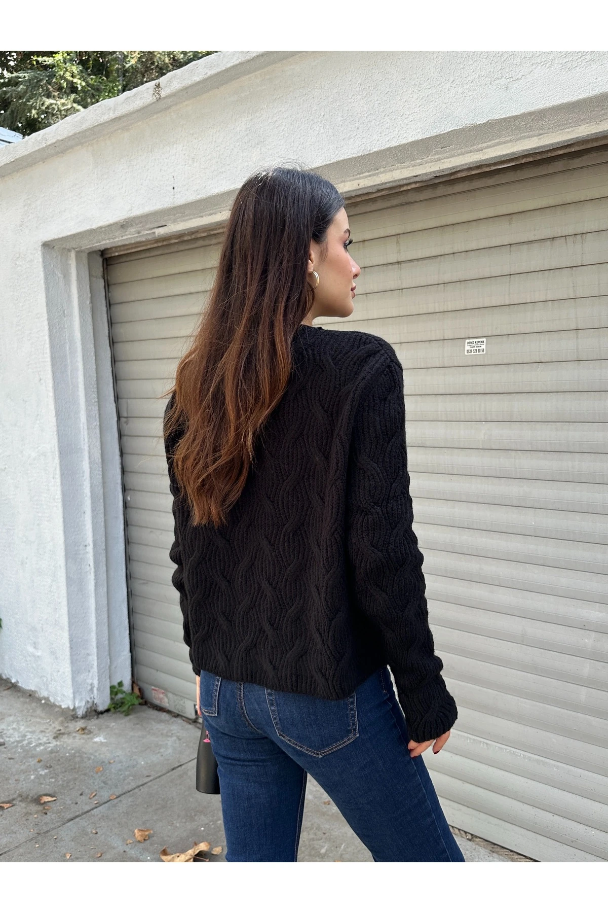 Bisiklet Yaka Dokulu Triko Kazak - Siyah