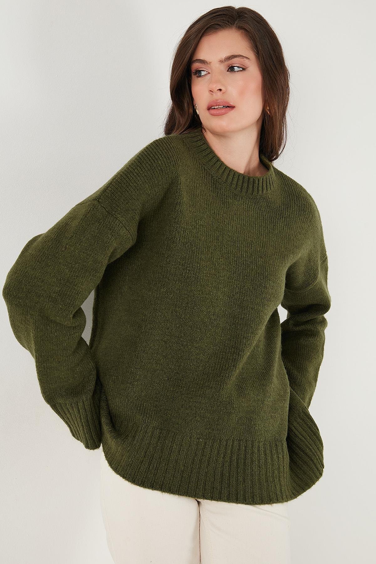 Antrasit Bisiklet Yaka Oversize Triko Kazak - Haki