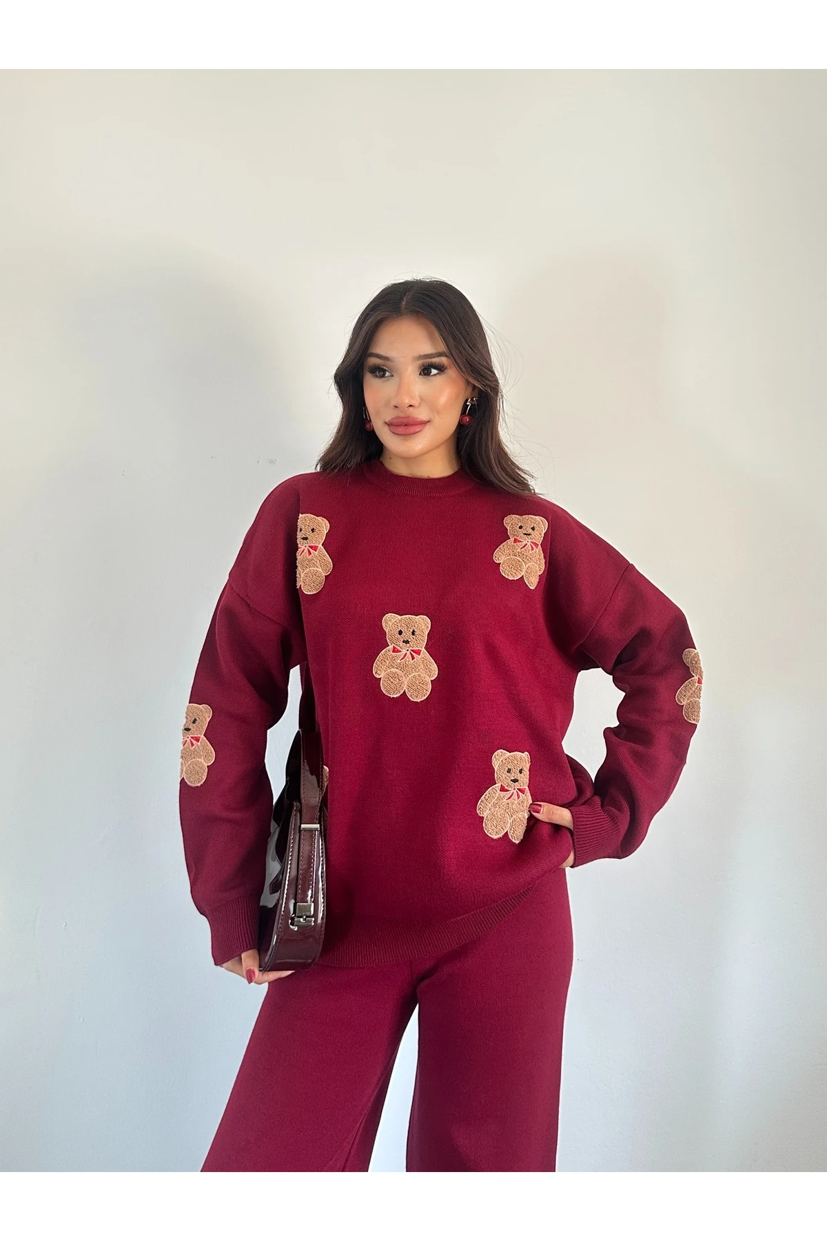 Ayıcıklı Triko Takım - Bordo