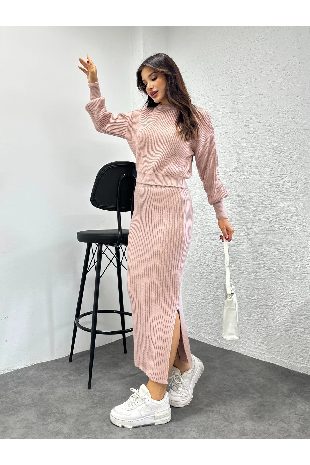 Selanik Örgü İkili Takım - Pudra
