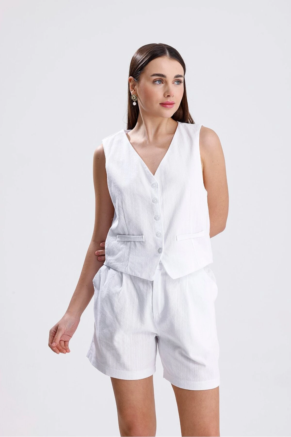 Keten Şortlu Takım - Beyaz