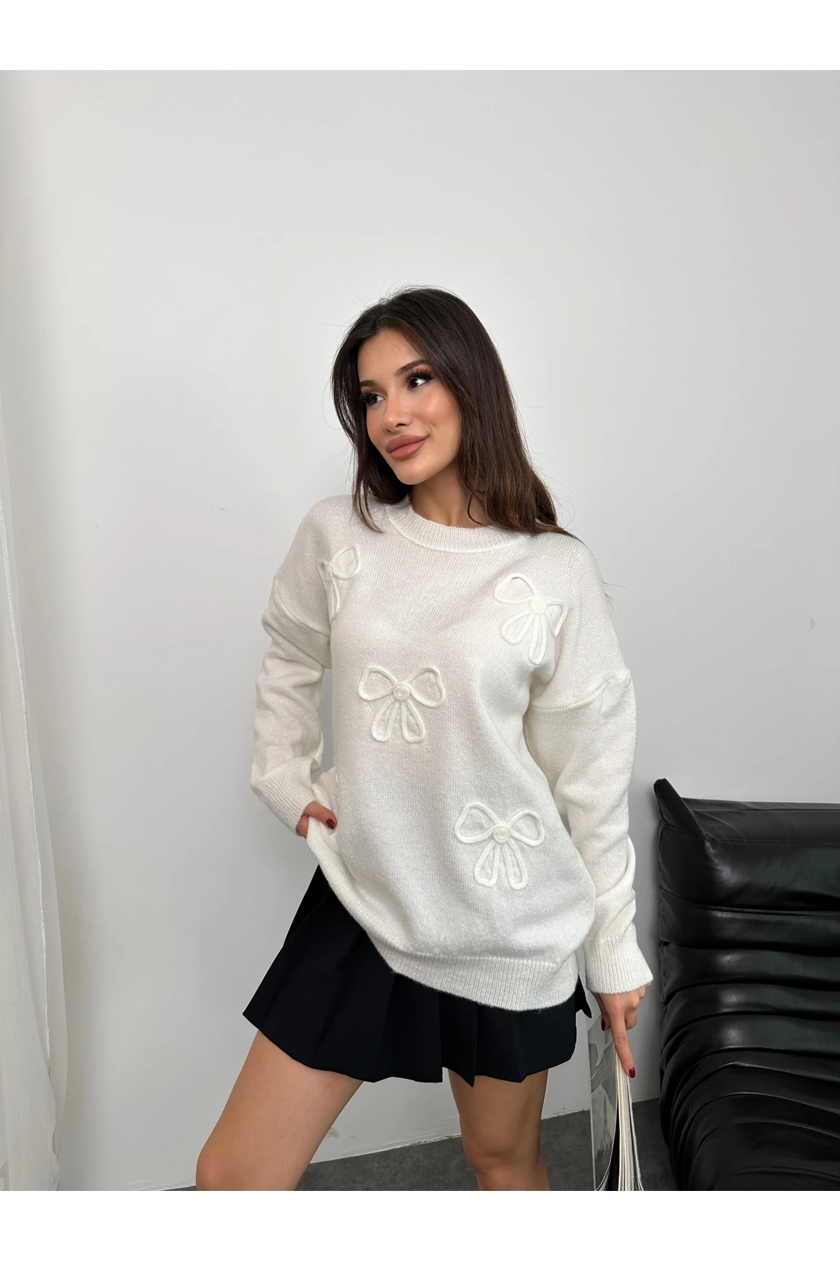 Fiyonk Süzeneli Kadın Triko Kazak - Beyaz