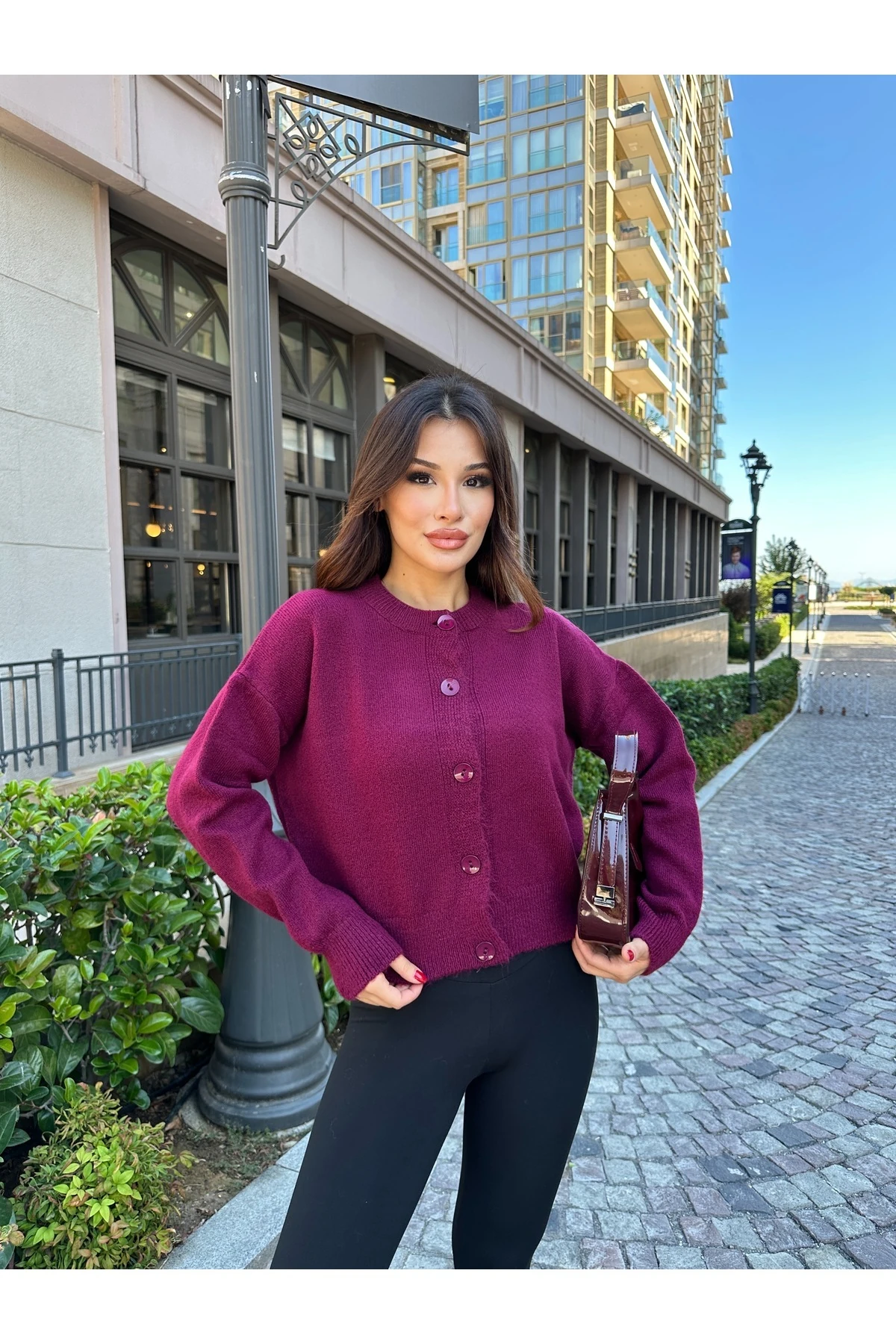 Basic Düğmeli Antrasit Triko Hırka - Bordo