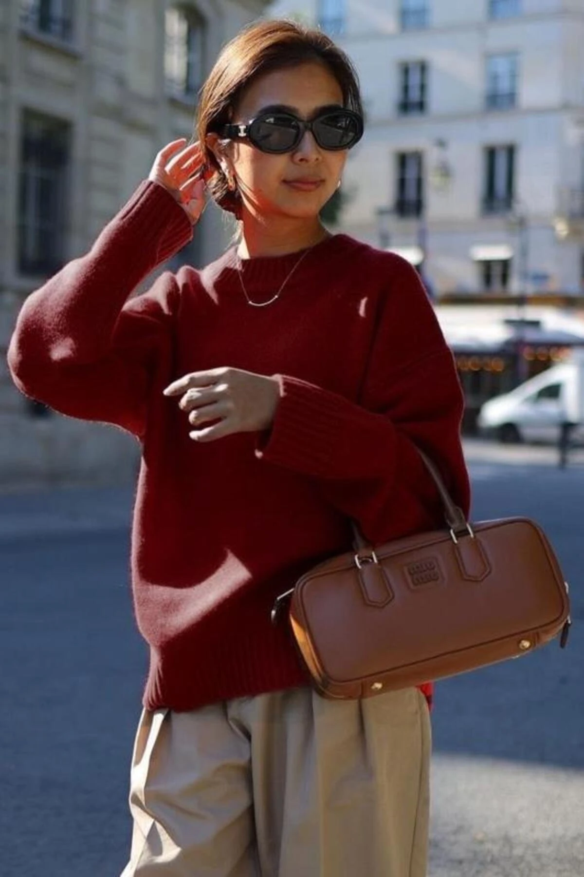 Antrasit Bisiklet Yaka Oversize Triko Kazak - Bordo