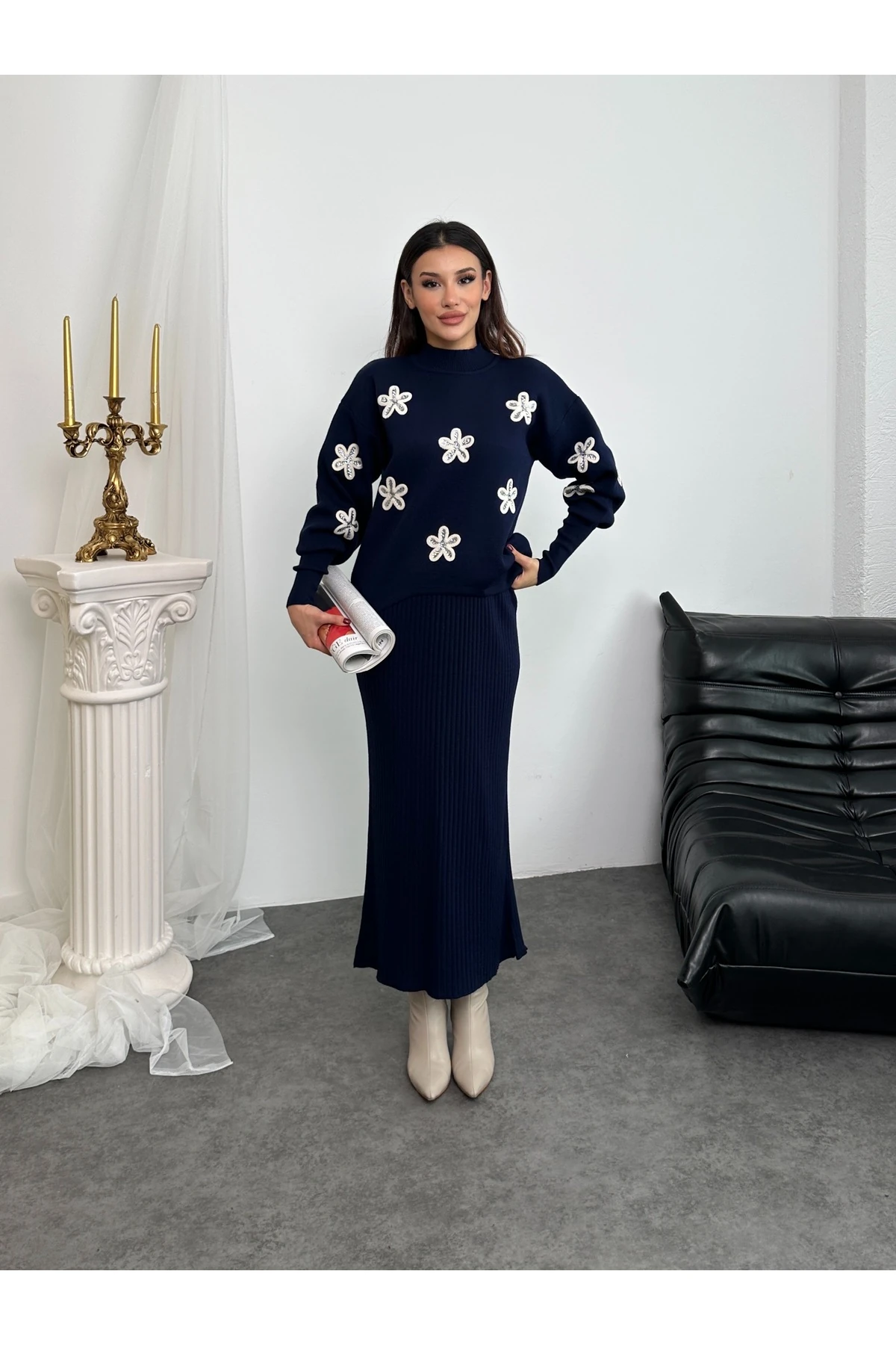 Papatya Desen Triko Takım - Lacivert