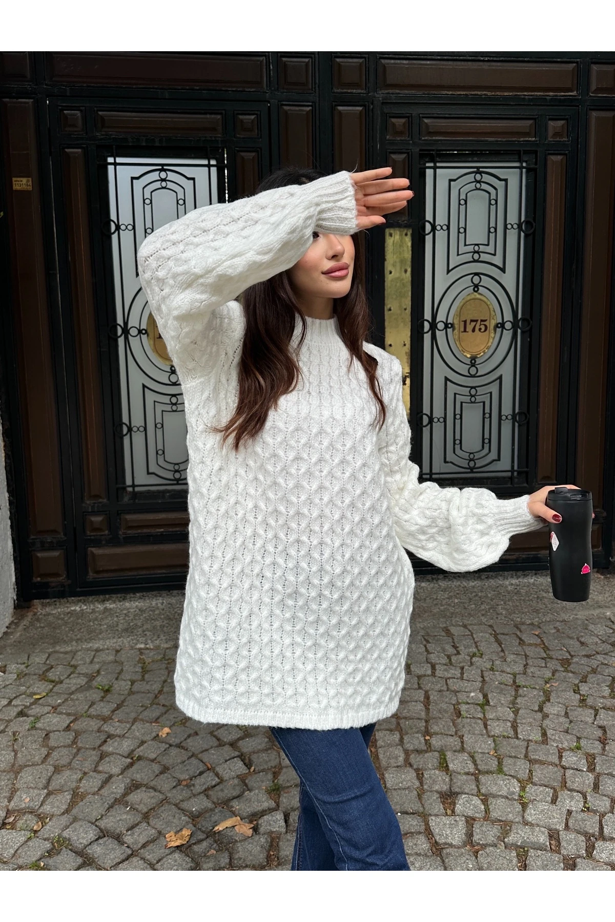 Bisiklet Yaka Dokulu Triko Tunik - Beyaz