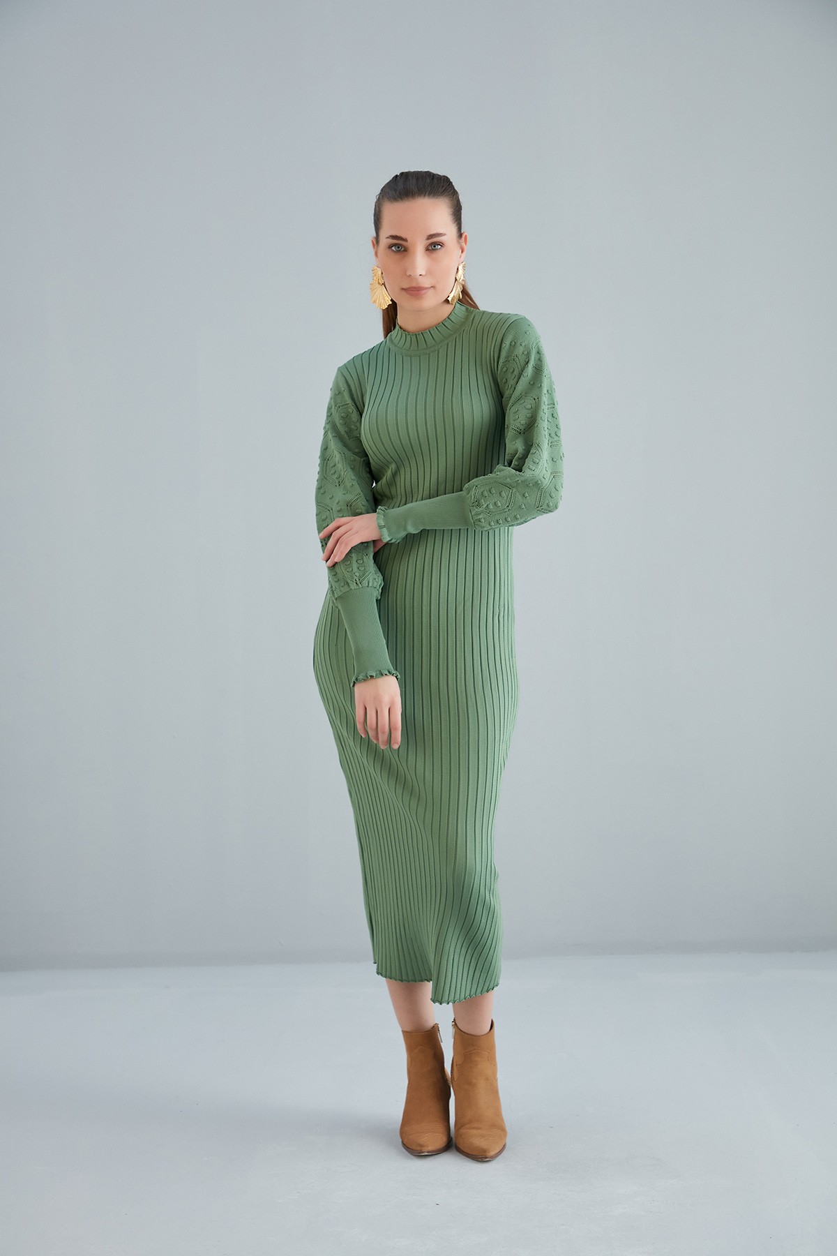 Nohut Detaylı Triko Elbise - Yeşil