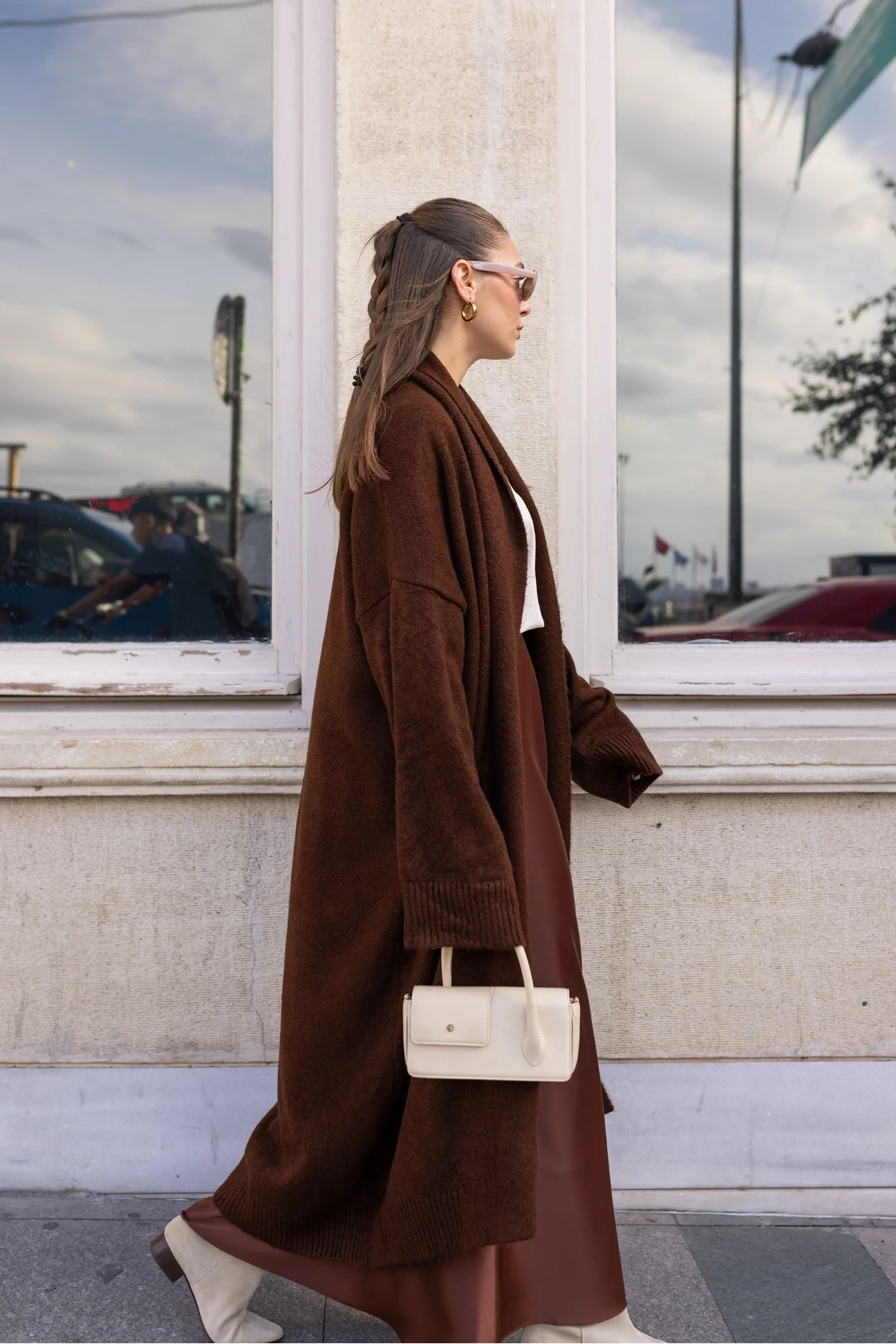 Acı Kahve Şal Yaka Uzun Hırka - Kahverengi