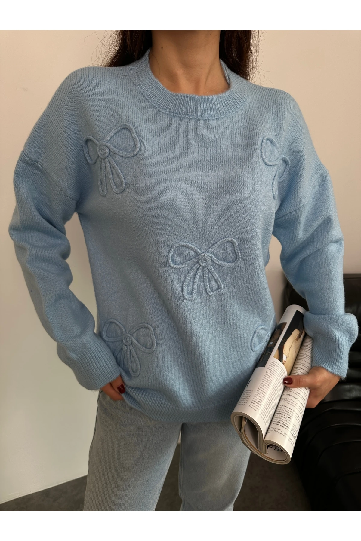 Fiyonk Süzeneli Kadın Triko Kazak - Bebe Mavisi