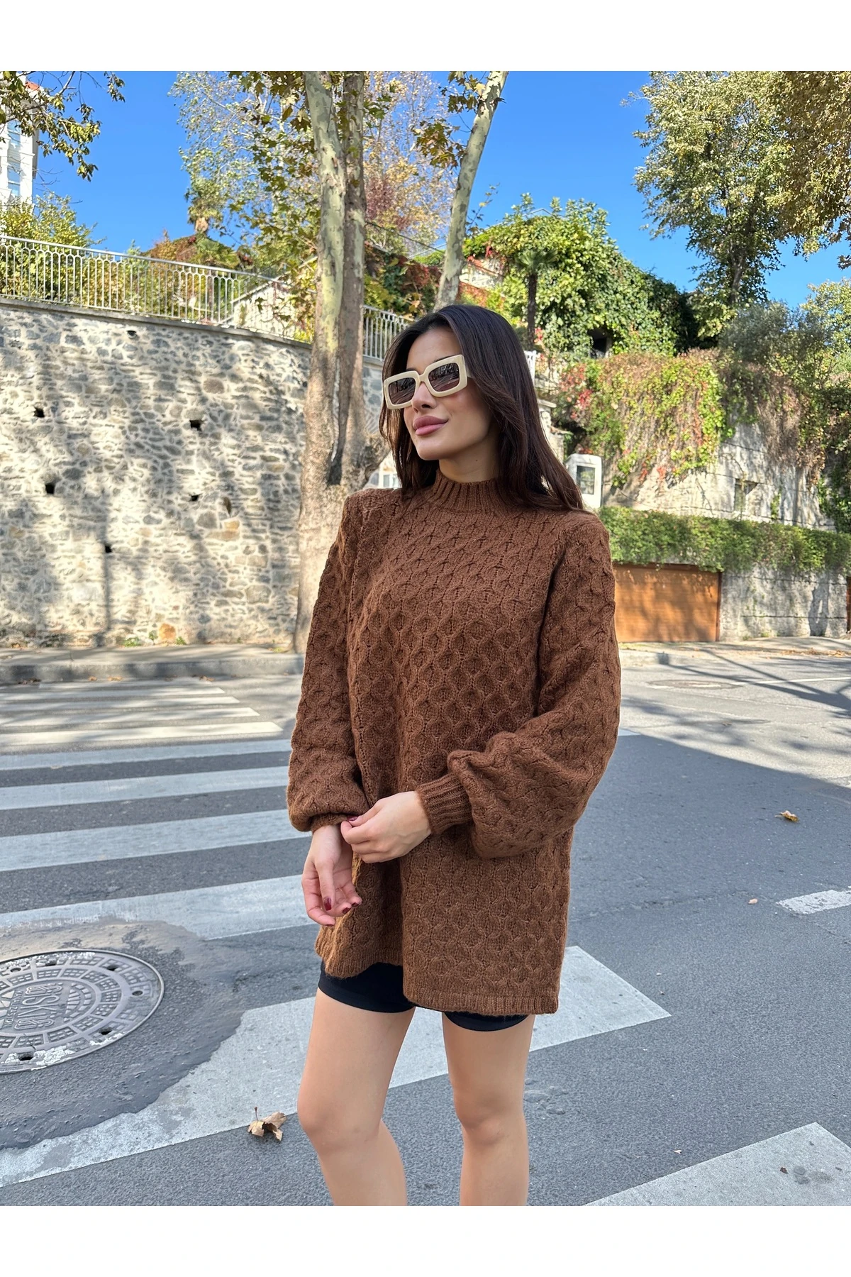 Bisiklet Yaka Dokulu Triko Tunik - Kahverengi