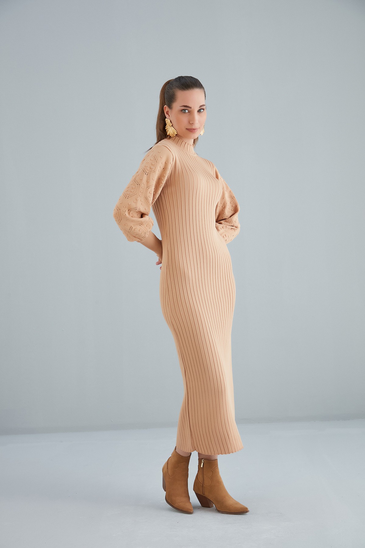 Nohut Detaylı Triko Elbise - Karamel