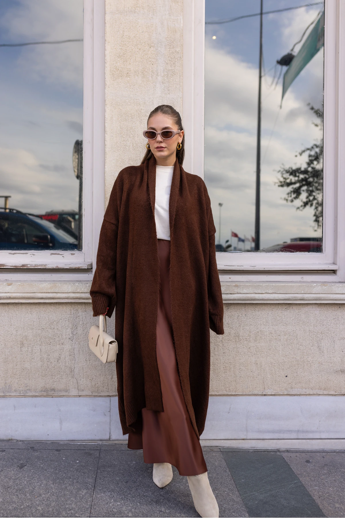 Acı Kahve Şal Yaka Uzun Hırka - Kahverengi