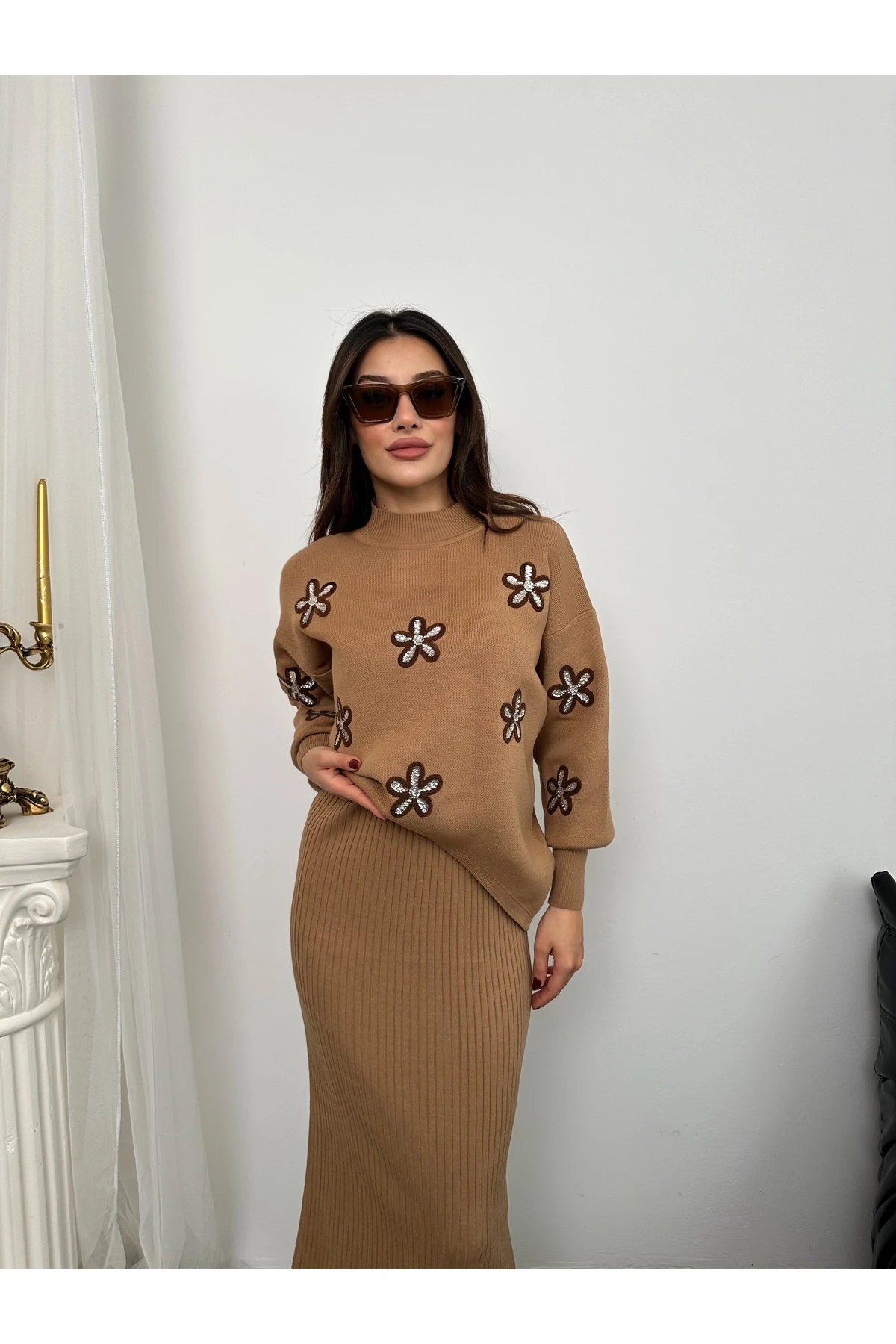 Papatya Desen Triko Takım - Bej