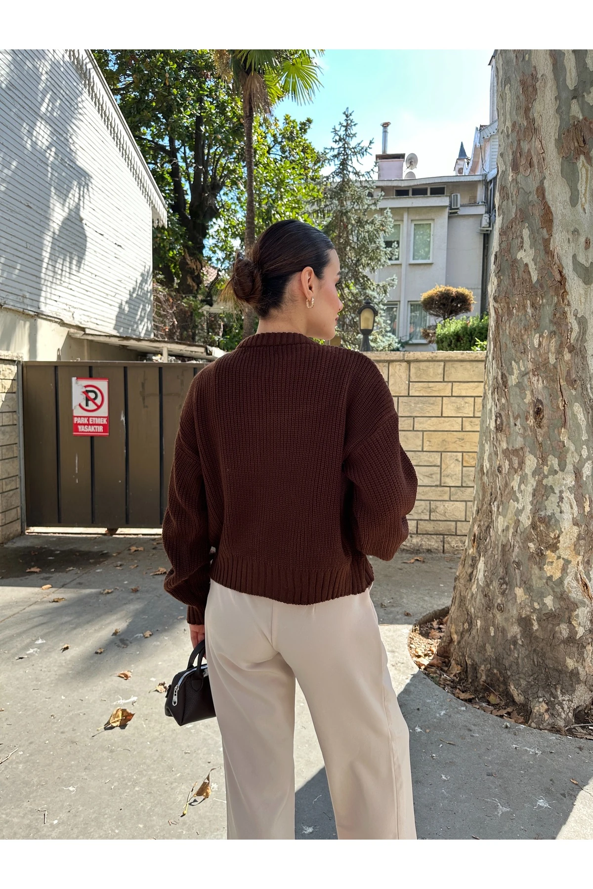 Kadın Fermuarlı Triko Hırka - Kahverengi