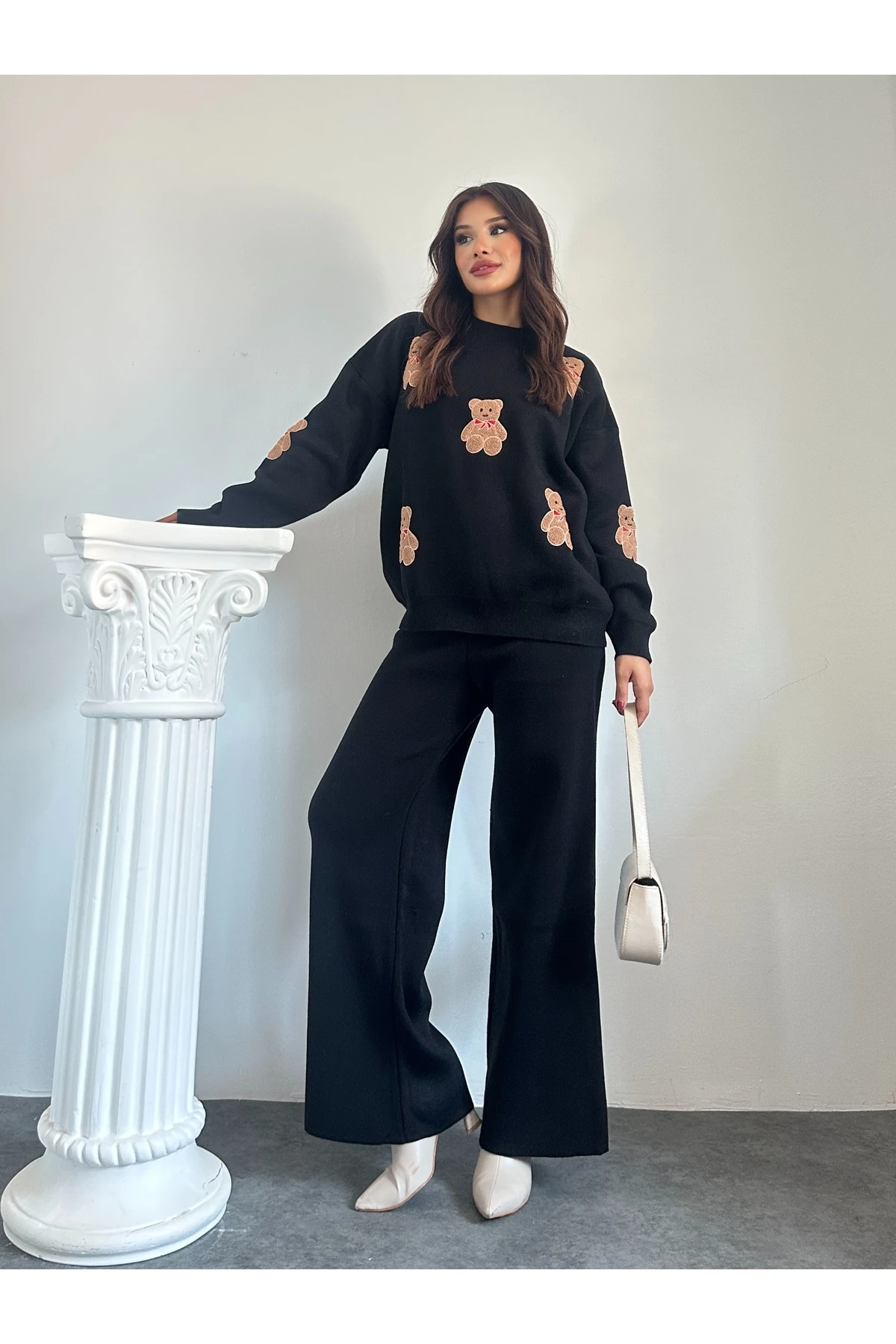 Ayıcıklı Triko Takım - Siyah