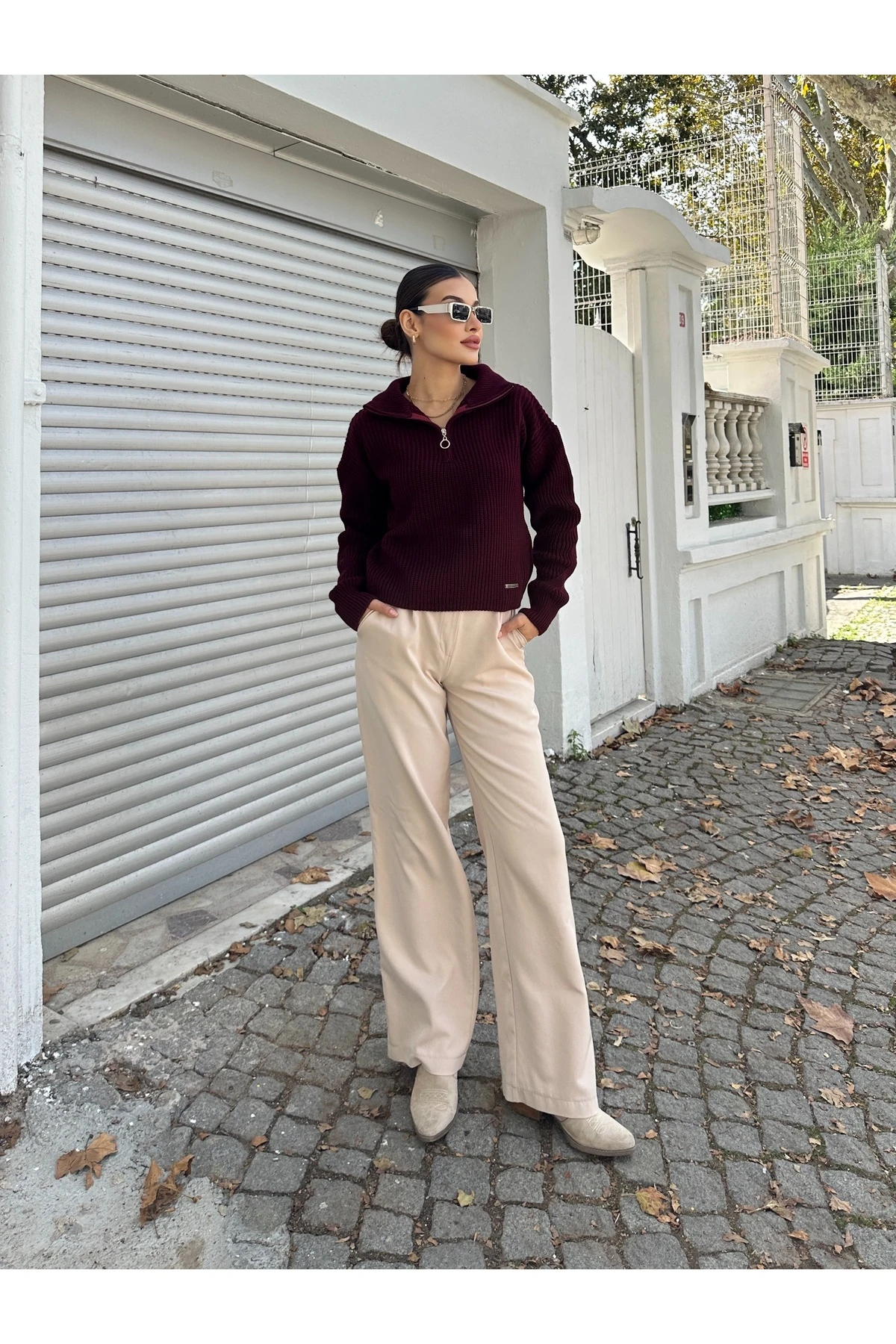 Fermuarlı Triko Kazak - Bordo