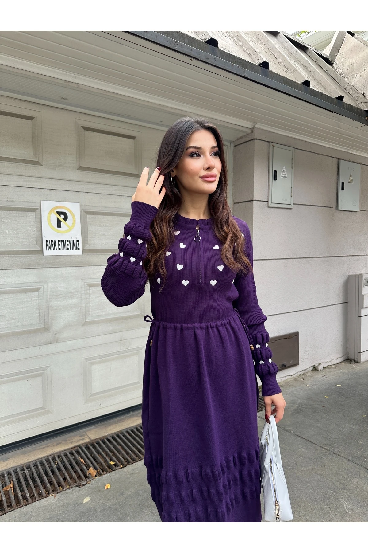 Kalp Nakışlı Şık Triko Elbise - Mor