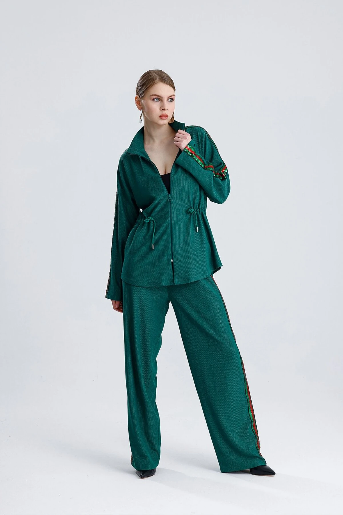 Belden Bağcıklı Pantolonlu Takım - Zümrüt
