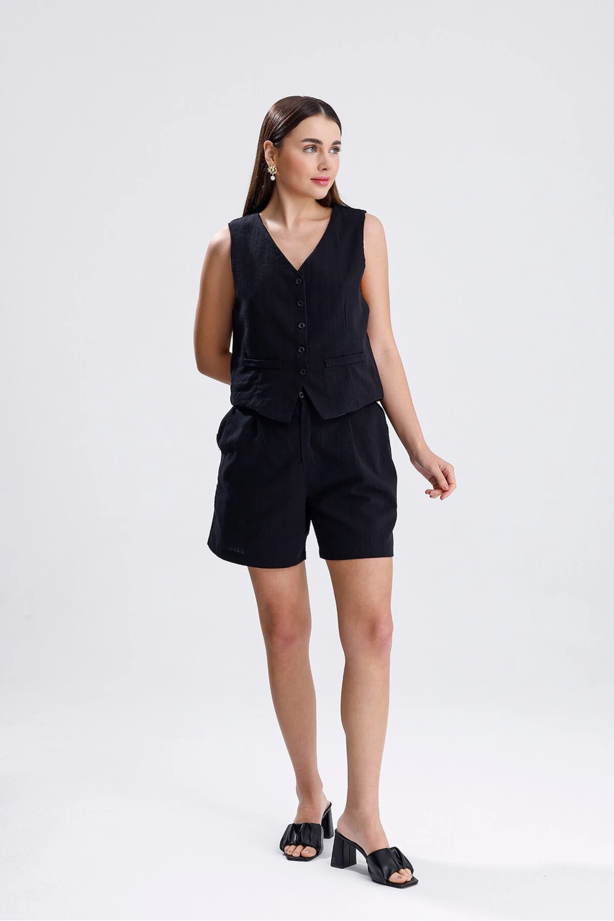 Keten Şortlu Takım - Siyah