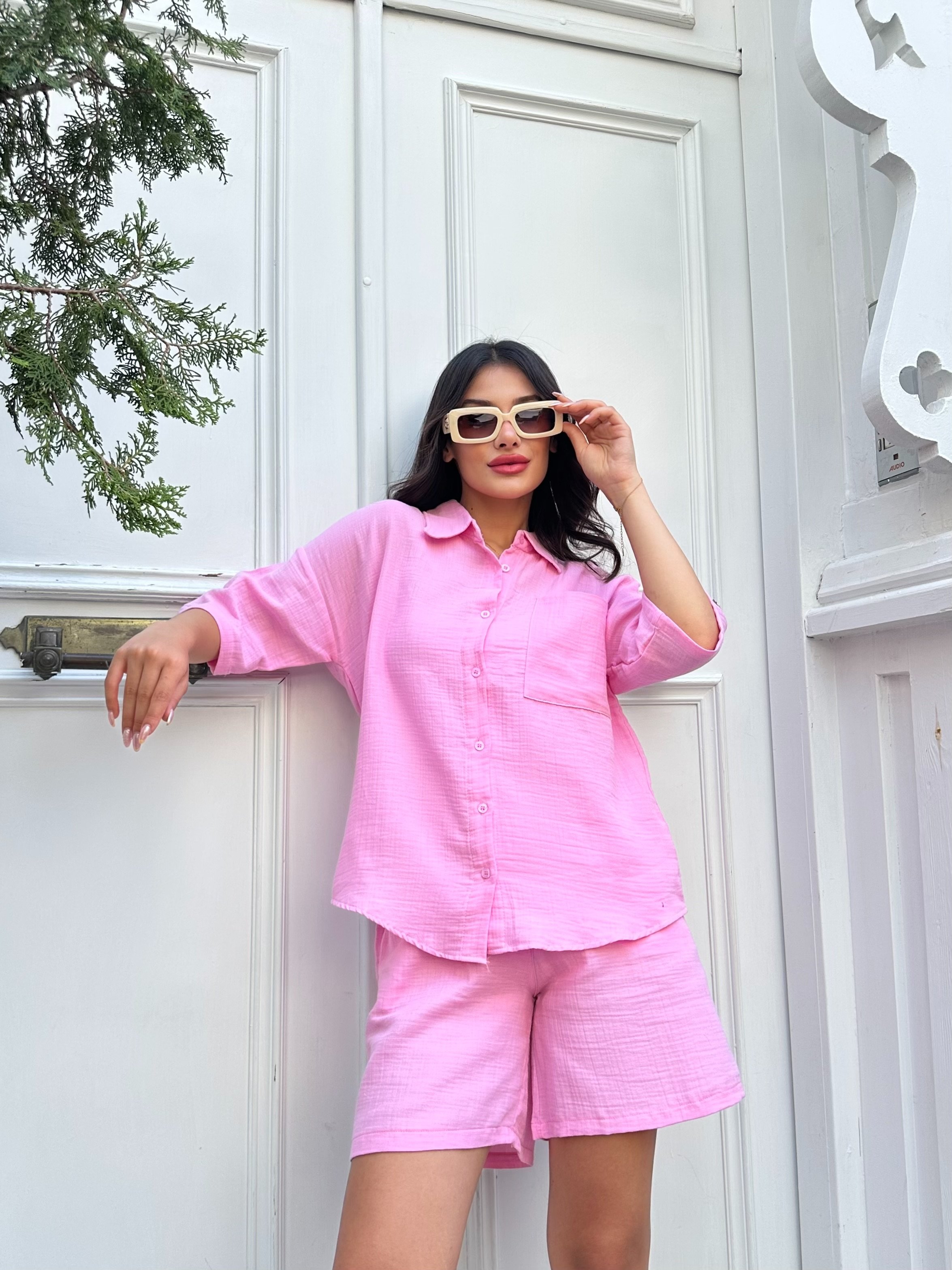 Müslin Kumaş Şortlu Takım - Pembe