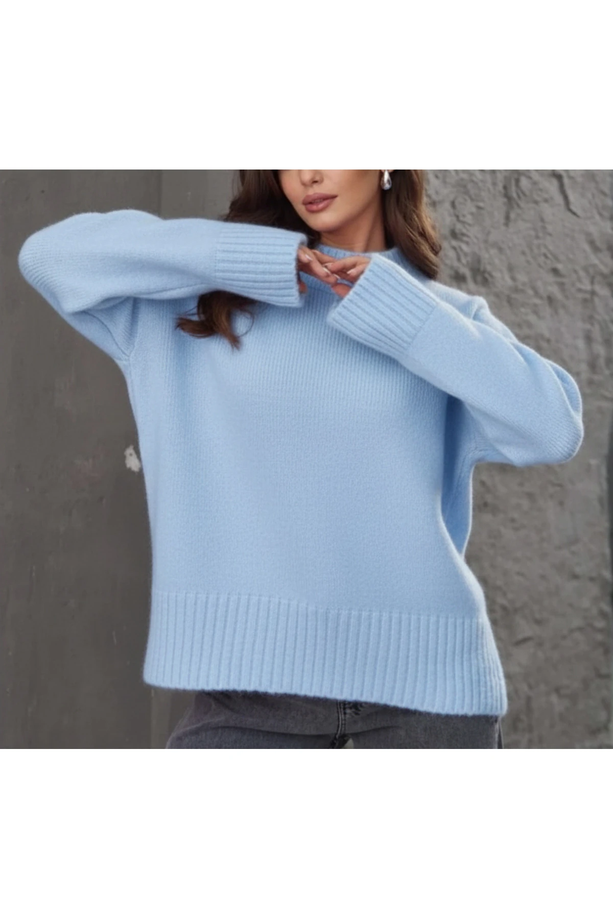 Antrasit Bisiklet Yaka Oversize Triko Kazak - Bebe Mavisi