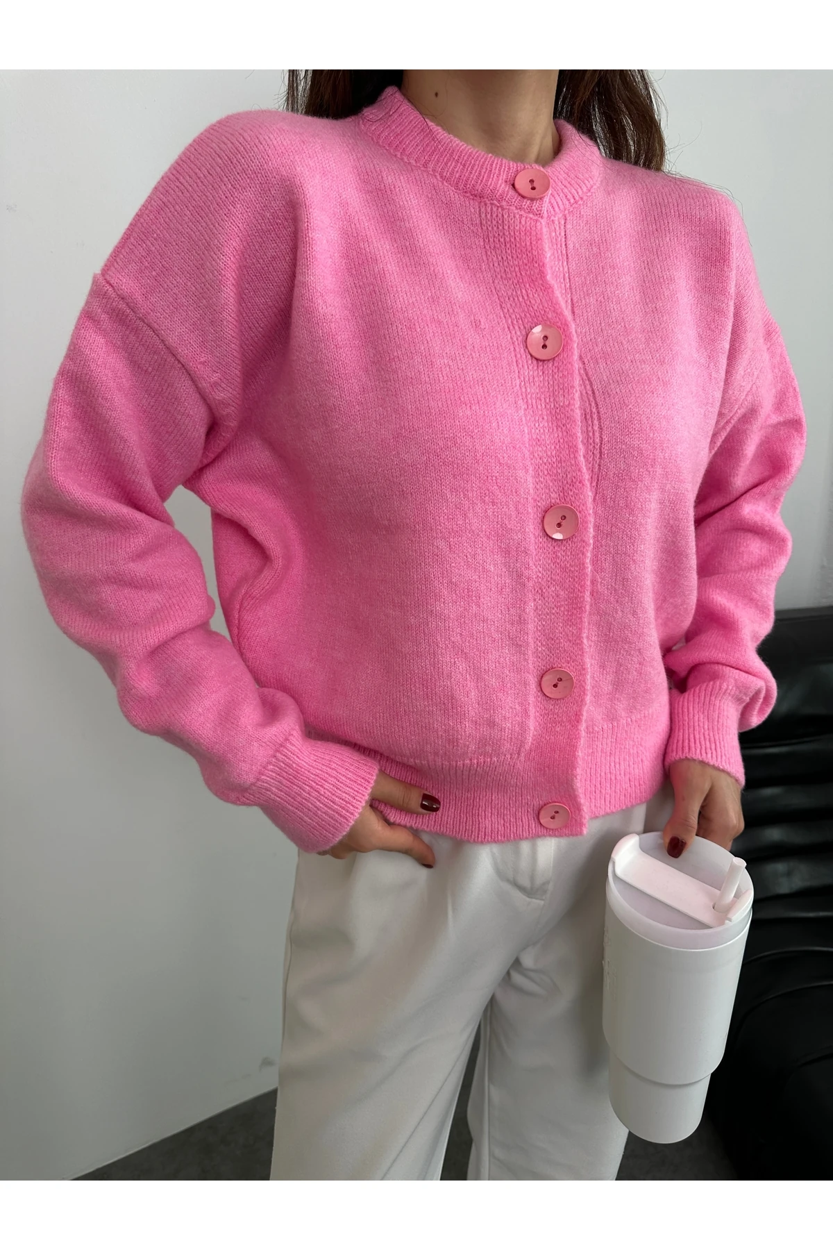 Basic Düğmeli Antrasit Triko Hırka - Pembe