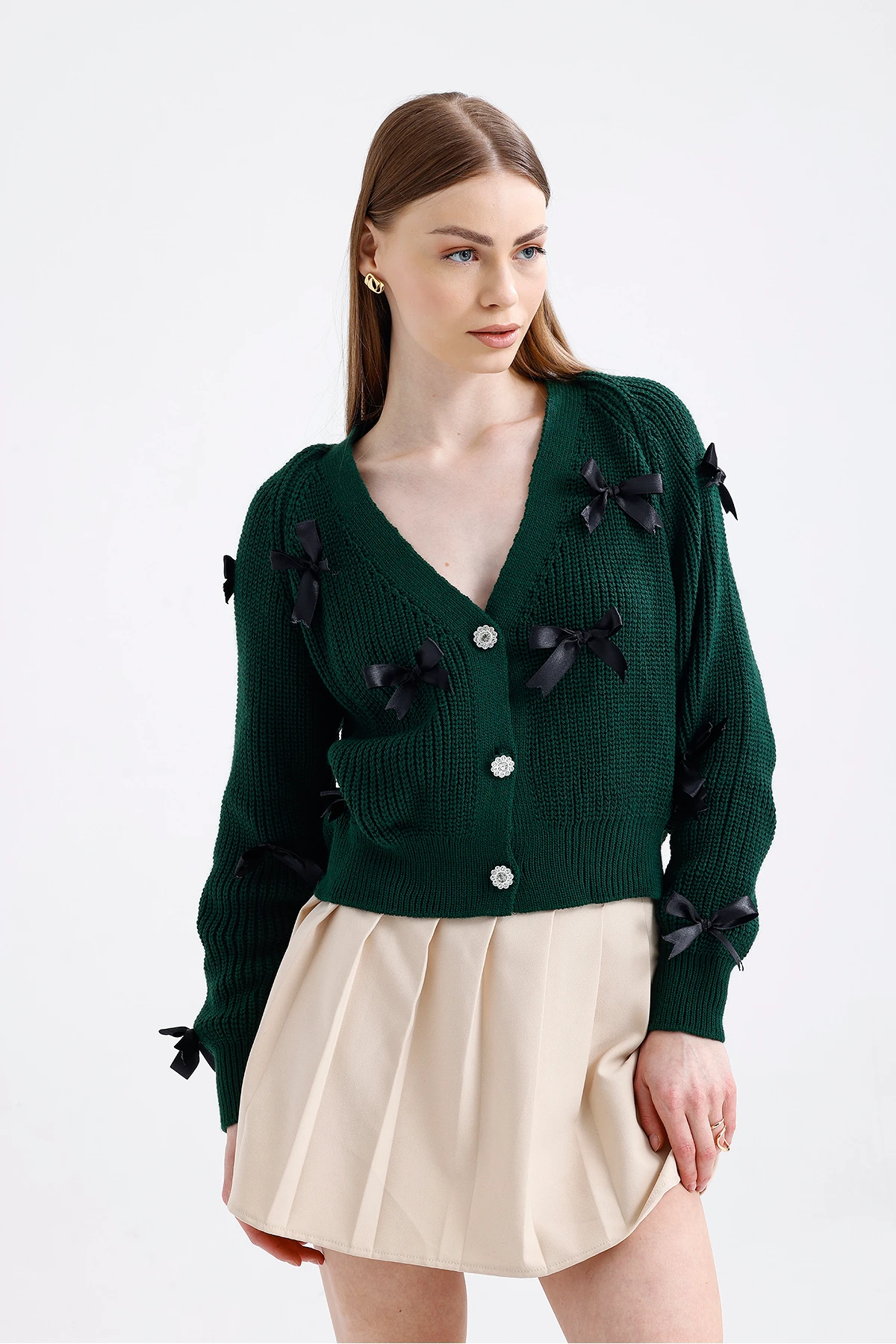 Fiyonklu Triko Hırka - Zümrüt