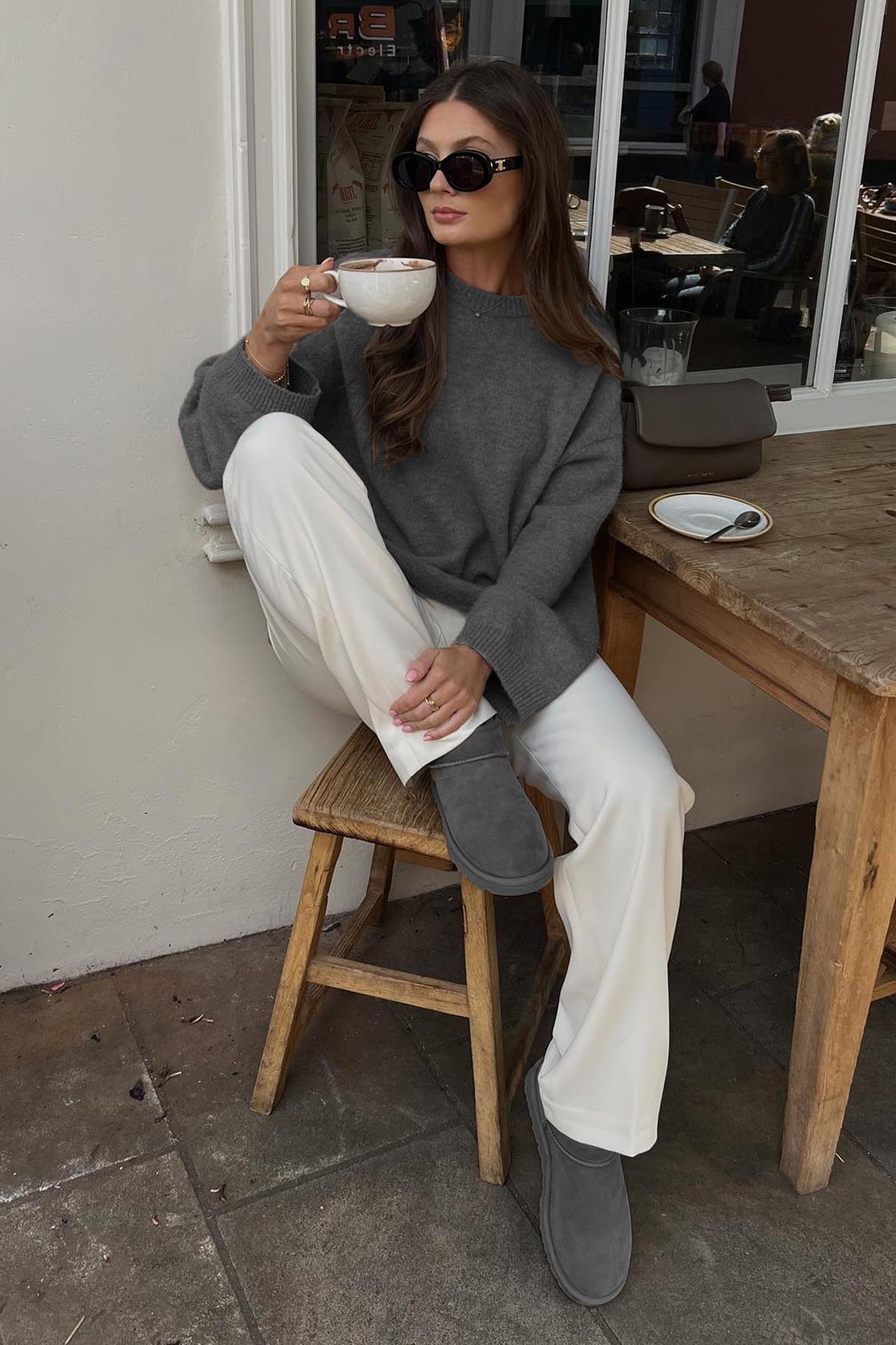 Antrasit Bisiklet Yaka Oversize Triko Kazak - Gri