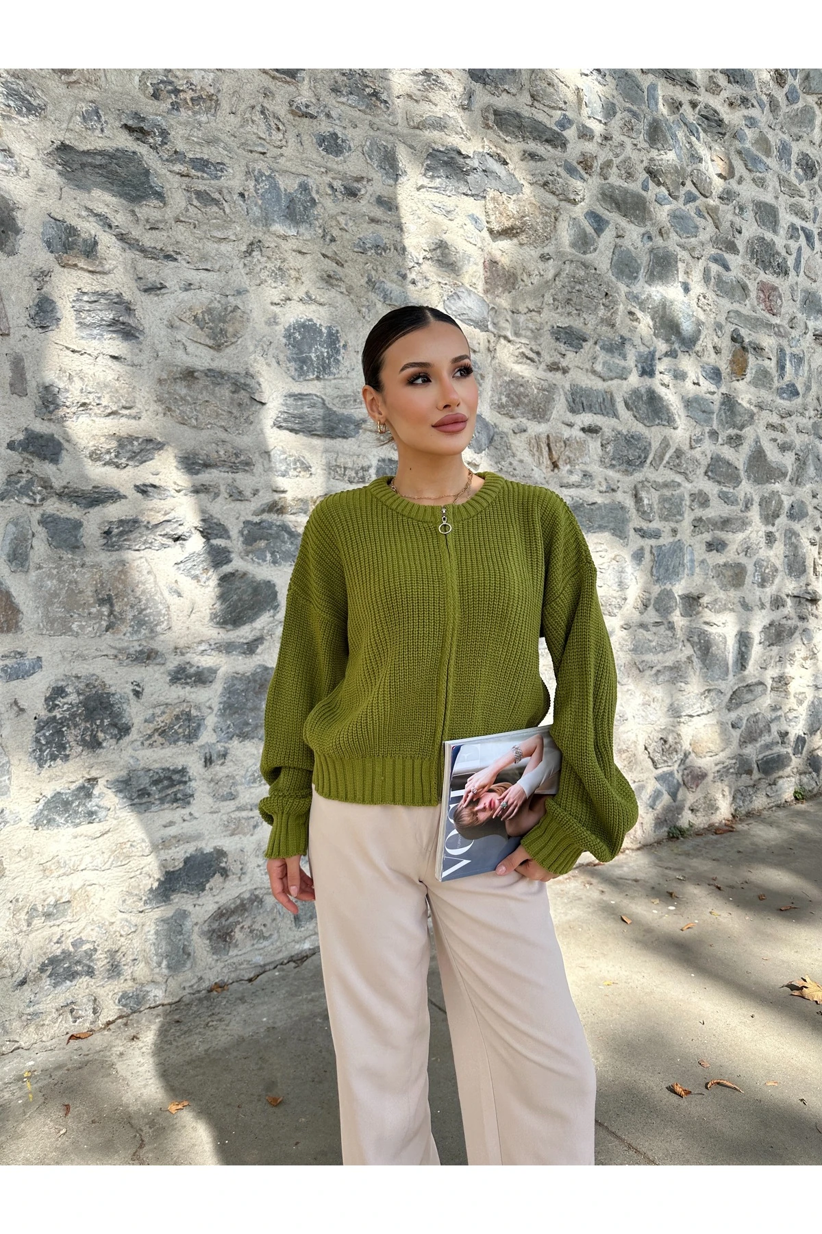 Kadın Fermuarlı Triko Hırka - yosun yeşili