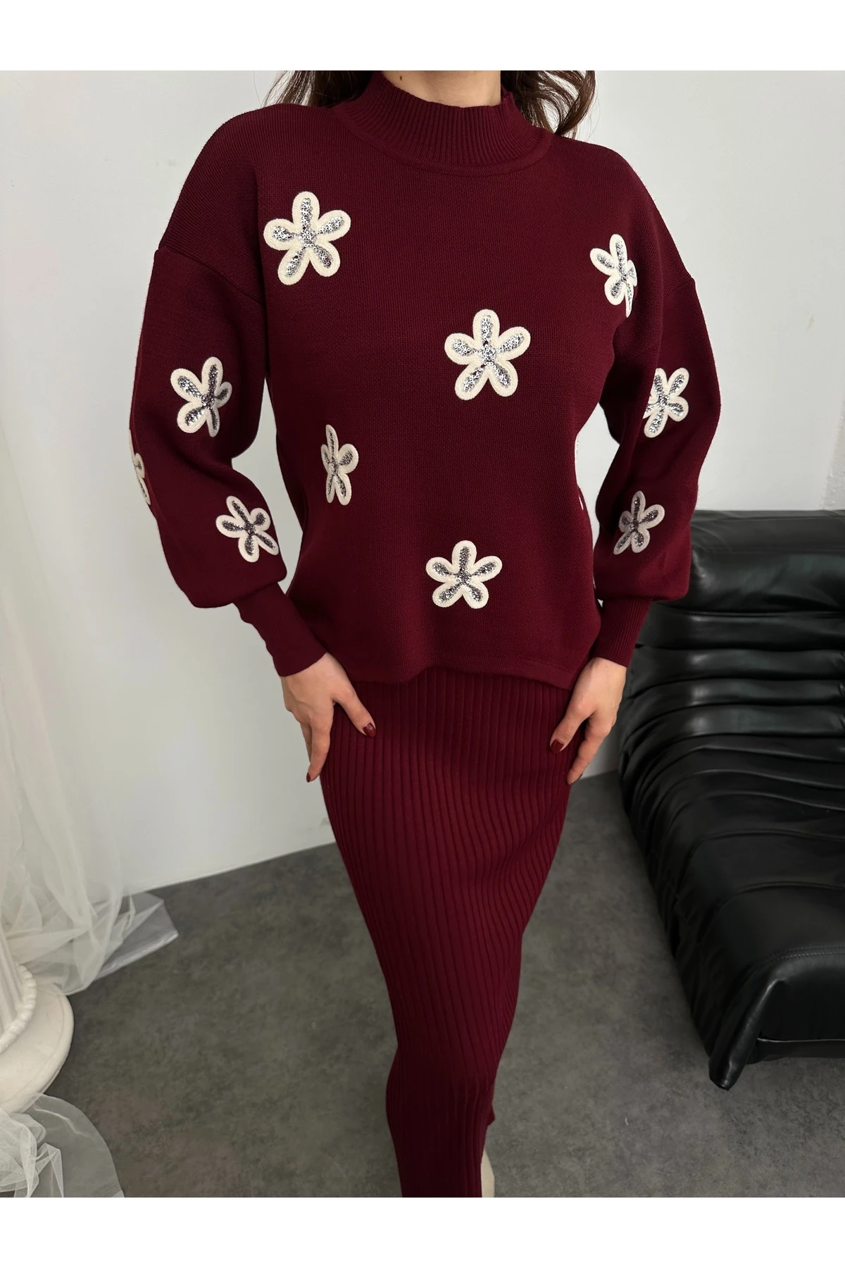 Papatya Desen Triko Takım - Bordo