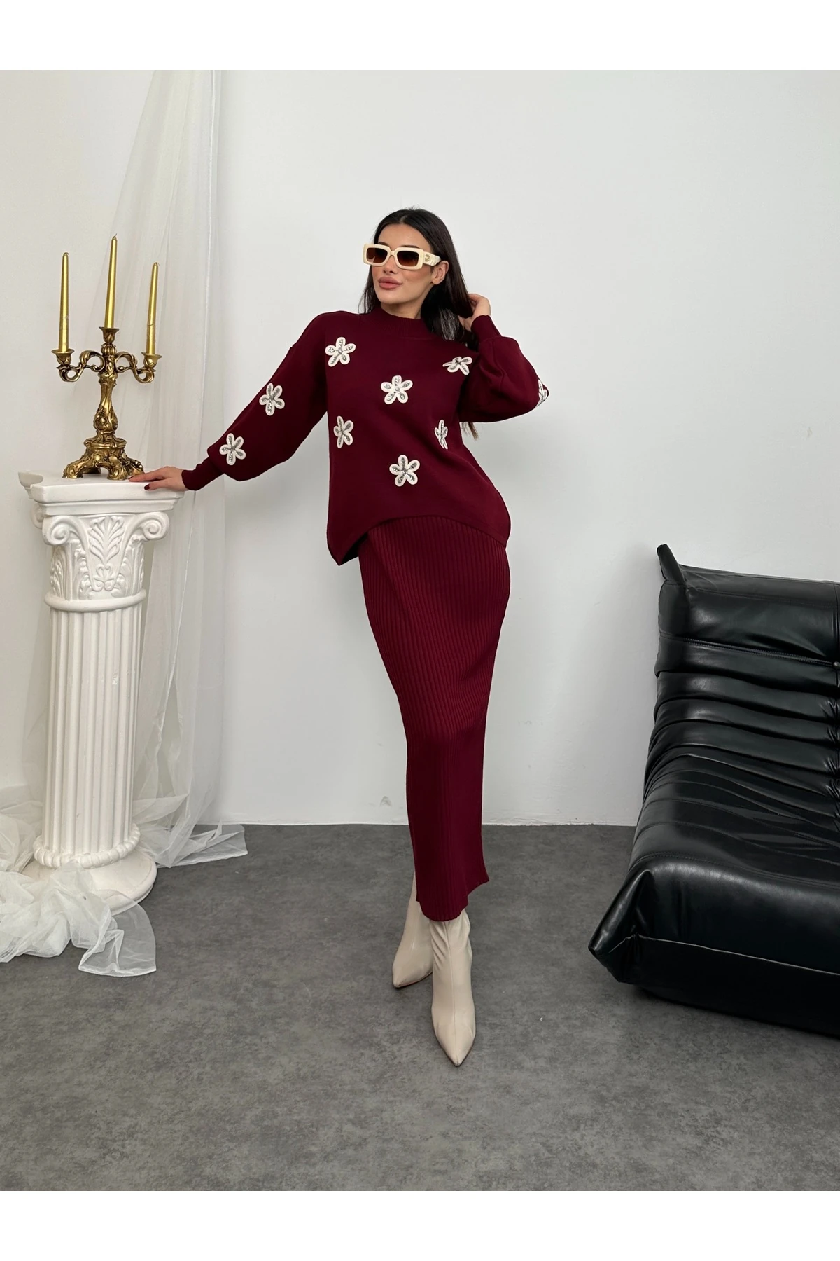 Papatya Desen Triko Takım - Bordo