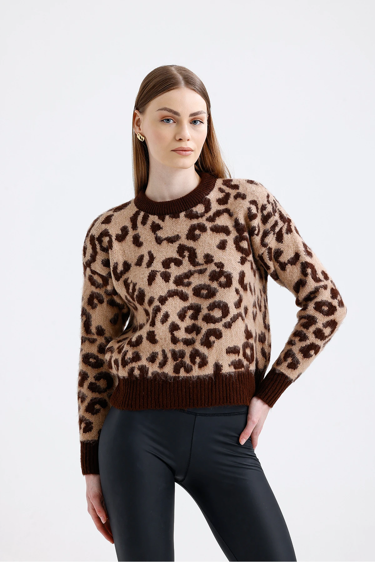 Leopar Desen Triko Kazak - Kahverengi