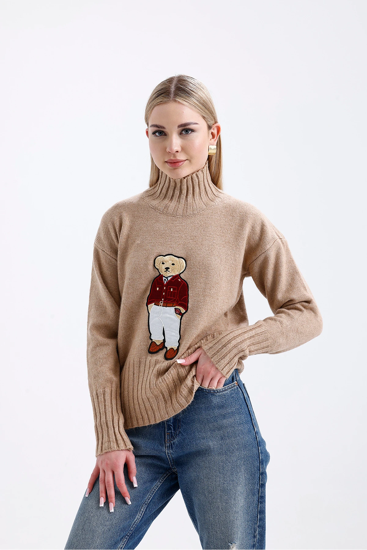 Balıkçı Yaka Ayıcıklı Triko Kazak