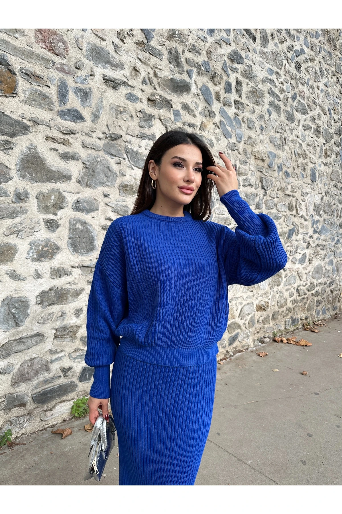 Selanik Örgü İkili Takım - saks mavisi