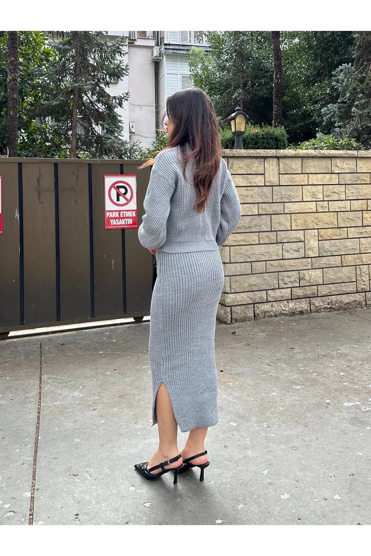 Selanik Örgü İkili Takım - Koyu Gri