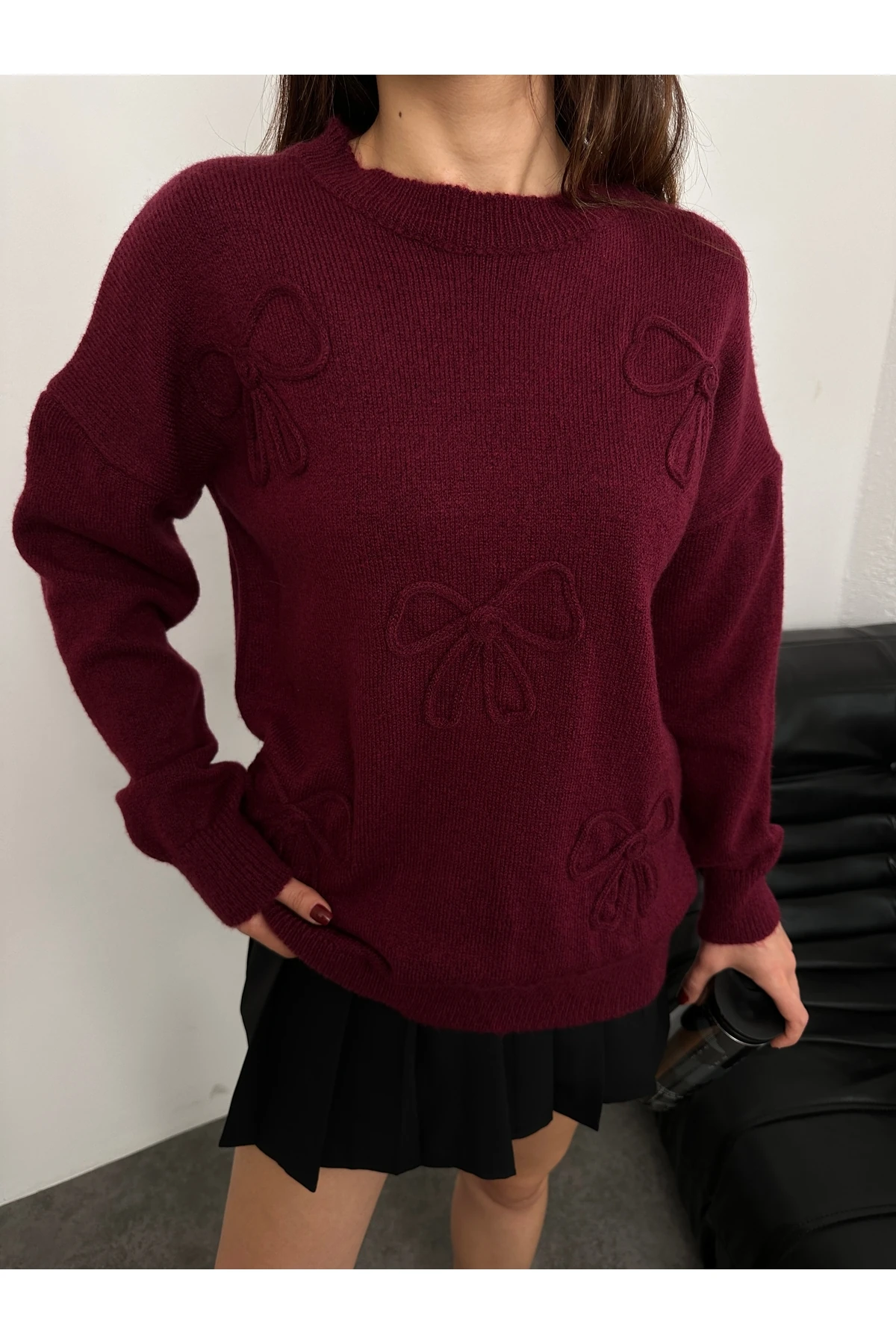Fiyonk Süzeneli Kadın Triko Kazak - Bordo