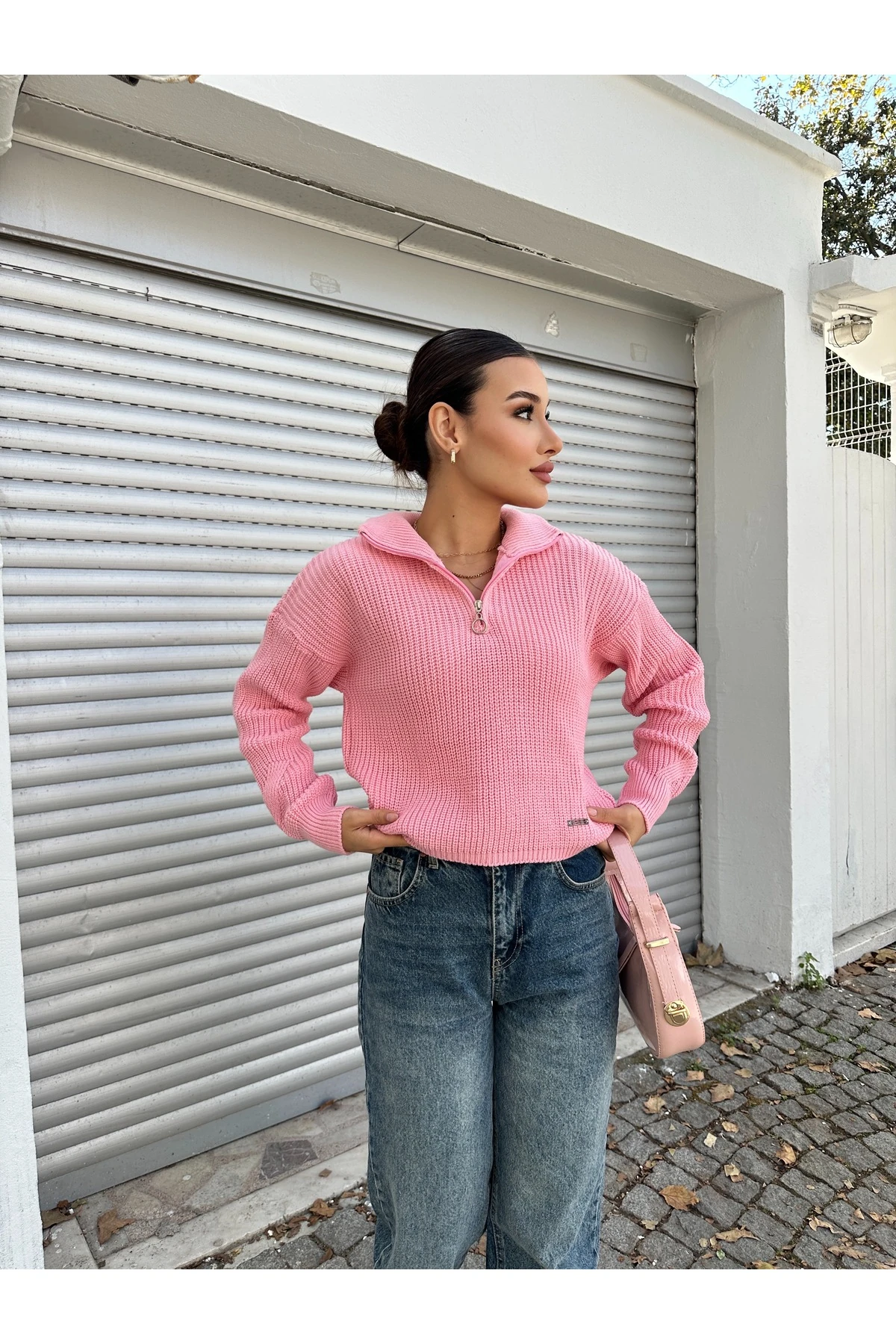 Fermuarlı Triko Kazak - Pembe