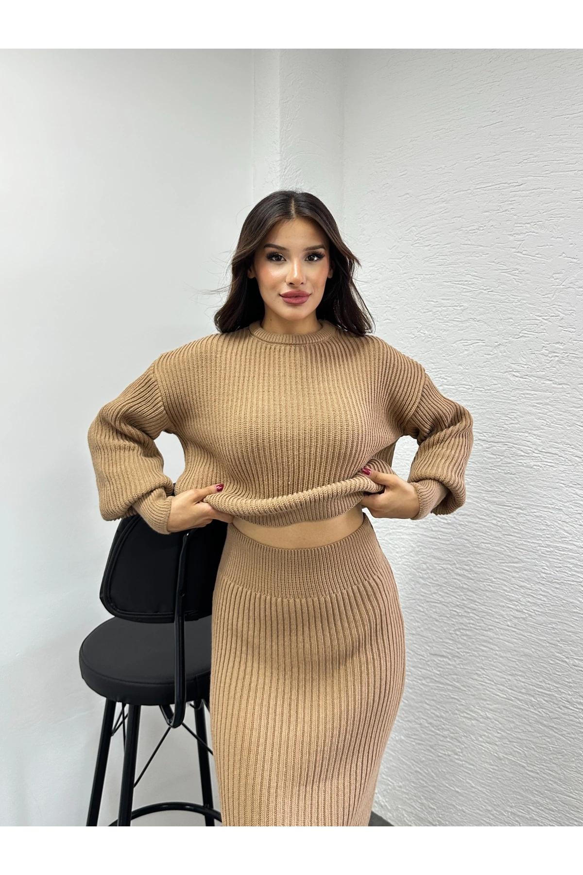 Selanik Örgü İkili Takım - Karamel